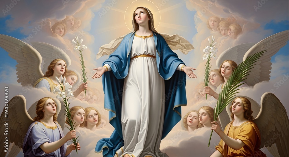 Fototapeta premium The Assumption of Mary into Heaven with Angels.