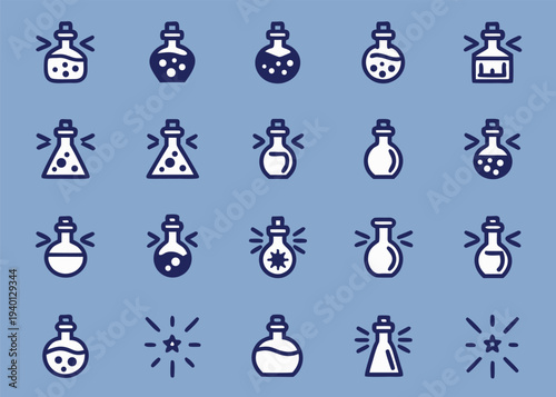 Twenty different dark blue and white potion bottle icons are arranged in a four by five grid over a solid blue background.