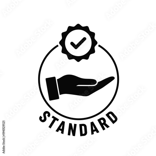 A black and white graphic depicts a hand holding a badge with a checkmark signifying quality and standard approval high quality professional detailed modern elegant stylish
