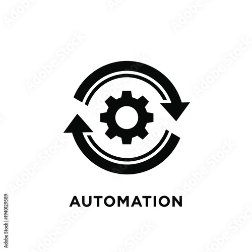 This graphic displays a black circular automation symbol featuring a central gear surrounded by two opposing curved arrows high quality professional detailed modern elegant