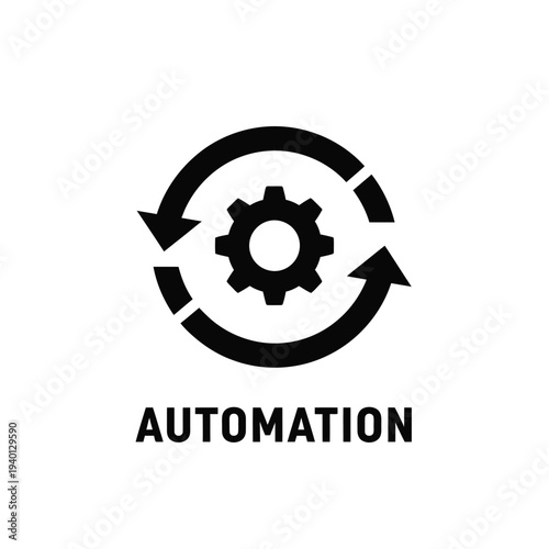 A minimalist black icon depicts circular arrows around a gear representing automation processes and continuous operation high quality professional detailed modern elegant stylish clean