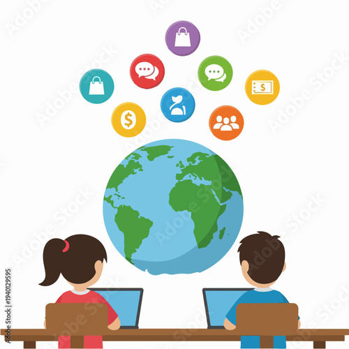 Children learning online with global internet connection and social media icons.