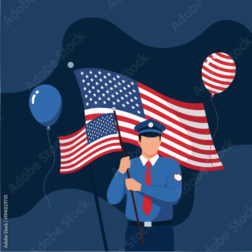 Man in uniform holding American flag with balloons.