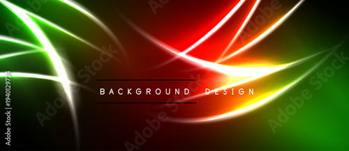 Vibrant neon lines create abstract waves. Red, green, yellow hues blend into dark background. Modern design element.