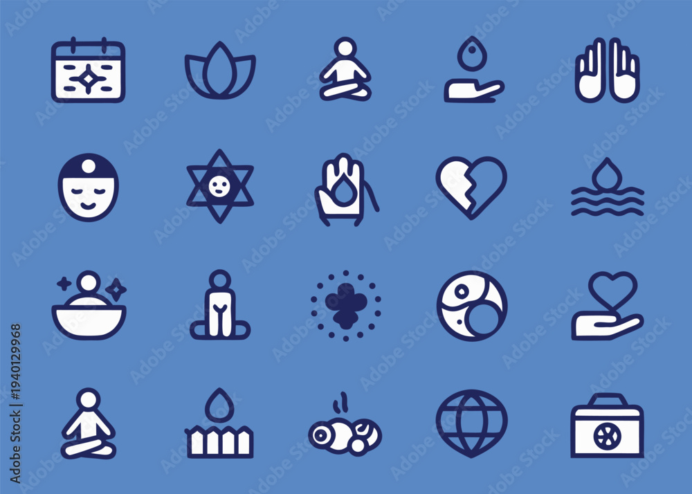 Fototapeta premium Twenty blue and white thick-line vector icons for emotional health and spiritual practices are arranged on a solid blue background.