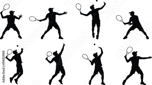 Dynamic Tennis Player Silhouettes Collection Showing Athletes Serving and Smashing on Court for Sports Design