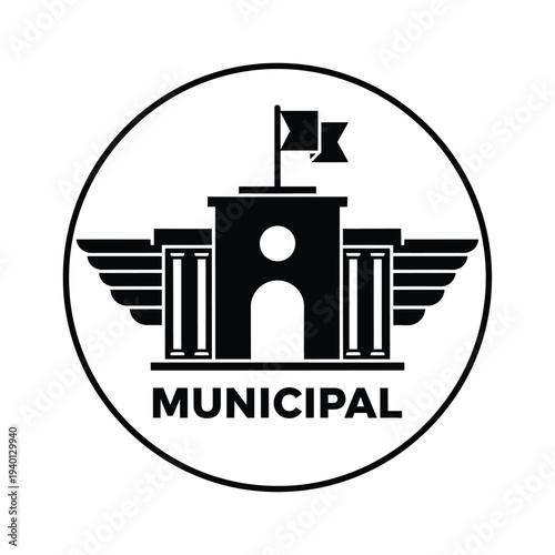 A minimalist black and white circular emblem features a building with flags columns and the word municipal below high quality professional detailed modern elegant stylish clean