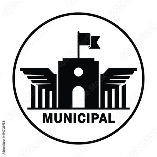 A black and white circular emblem depicts a municipal building with a flag atop and the word municipal below high quality professional detailed modern elegant stylish