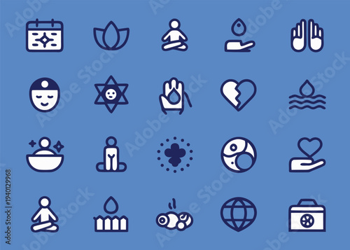 Twenty blue and white thick-line vector icons for emotional health and spiritual practices are arranged on a solid blue background.