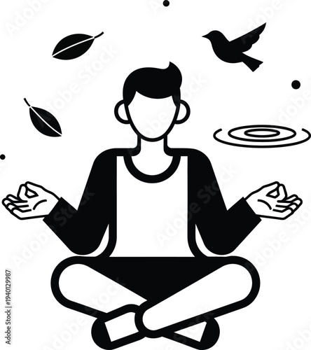 Man meditates cross-legged with bird flying nearby outdoors peacefully.