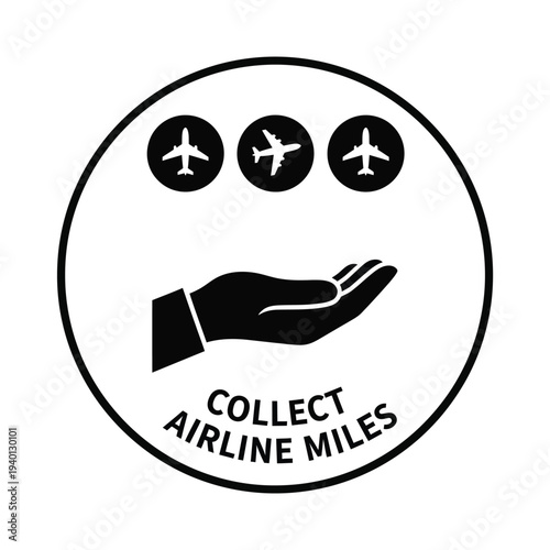 A circular icon depicts an open hand below three airplane symbols with the text collect airline miles at the bottom high quality professional detailed