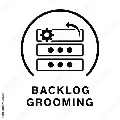 A black and white circular icon depicts stacked rectangles with gears and an arrow labeled backlog grooming below high quality professional detailed modern elegant stylish clean