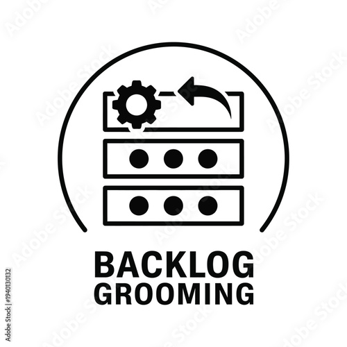 This graphic depicts a stylized backlog grooming concept featuring gears arrows and stacked rectangles within a circular frame high quality professional detailed modern elegant