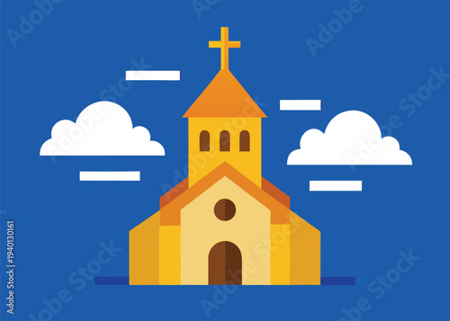 A tiered yellow church with a central bell tower and a round window stands against a blue sky decorated with white clouds and thin lines.