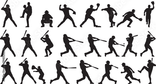 Baseball player silhouettes set, batter pitcher catcher fielding action poses sports team vector collection