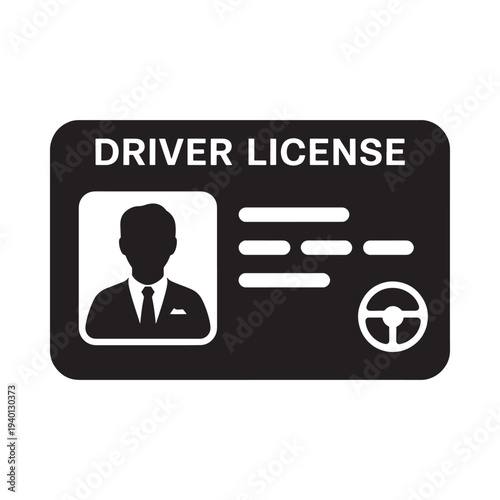 A black driver s license icon featuring a silhouette of a person s head and shoulders