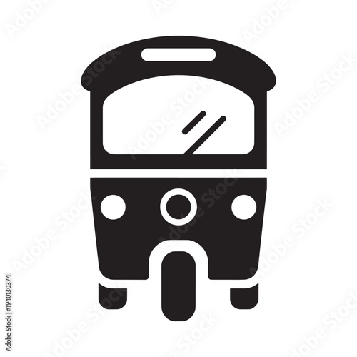 Front view of a black and white auto rickshaw a common asian vehicle