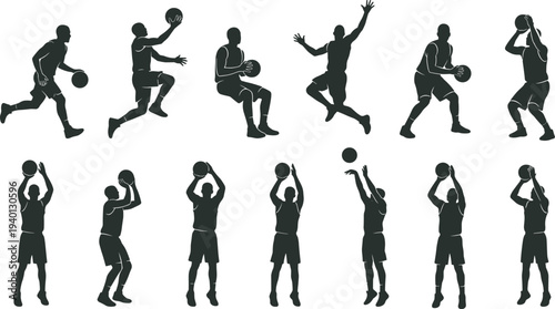 Basketball player silhouettes set, dribbling jumping shooting dunk action poses athlete sports vector collection