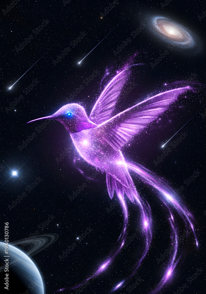 Obraz premium Ethereal cosmic hummingbird glowing in deep space with galaxy and stars