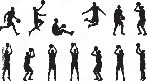 Basketball player silhouettes set, dribbling jumping shooting dunk poses sports athlete action vector collection