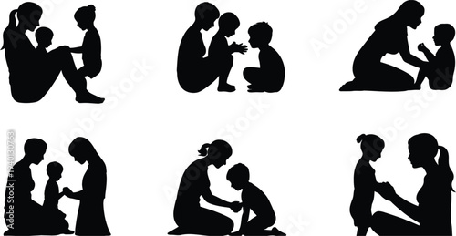Mother and child silhouettes set, family parenting moments vector illustration, caring mother with kids, bonding interaction poses, motherhood love, parent child relationship concept
