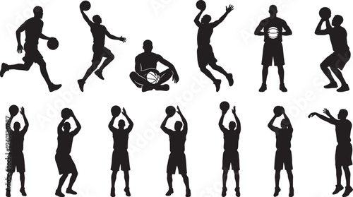 Basketball player silhouettes set, dribbling jumping shooting dunk action poses sports athlete vector collection