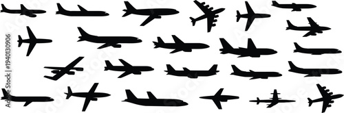 Airplane silhouette set, passenger jet and cargo aircraft shapes, black vector collection of planes in flight, aviation icons for travel design
