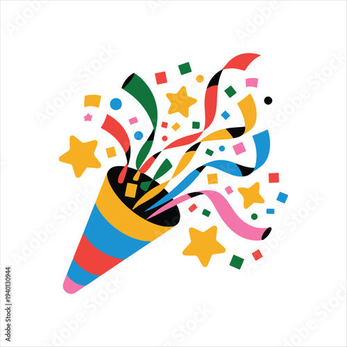 Festive Party Popper Vector Illustration with Confetti,
Celebration Confetti Popper Icon for Events,
Vibrant Exploding Party Cracker Design.
