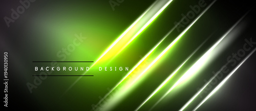 Abstract green lines over black background. Modern design features glowing streaks, dynamic composition. Text reads background design.