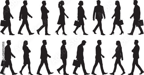 Business people walking silhouettes set, men and women office workers with briefcases, urban commuter lifestyle vector collection