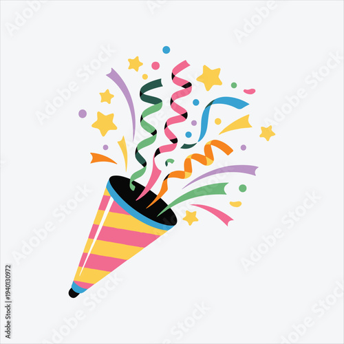Festive Party Popper Vector Illustration with Confetti,
Celebration Confetti Popper Icon for Events,
Vibrant Exploding Party Cracker Design.
