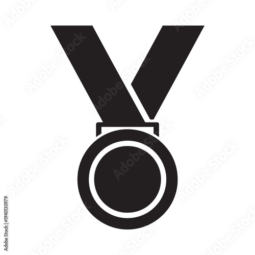 A simple black and white illustration of a circular award medal with ribbon