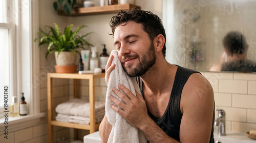 A man tenderly caresses his...