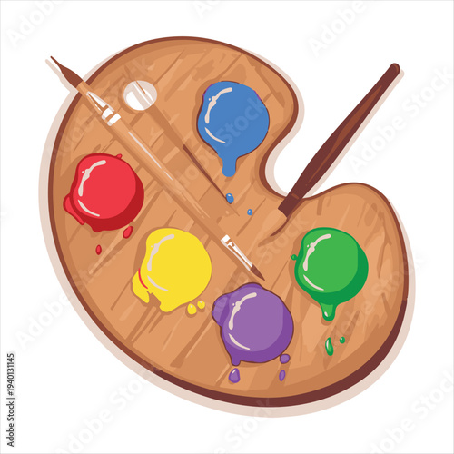 Artist's Palette with Paint Brushes Vector,
Art Supplies: Palette and Brushes Illustration.
