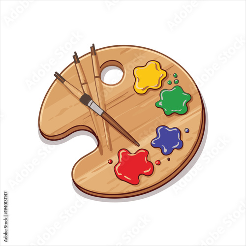 Artist's Palette with Paint Brushes Vector,
Art Supplies: Palette and Brushes Illustration.
