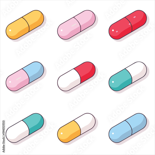 Colorful Medical Capsules Vector Icon Set,Assorted Pills and Medicine Vector Illustration.
