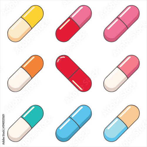 Colorful Medical Capsules Vector Icon Set,Assorted Pills and Medicine Vector Illustration.
