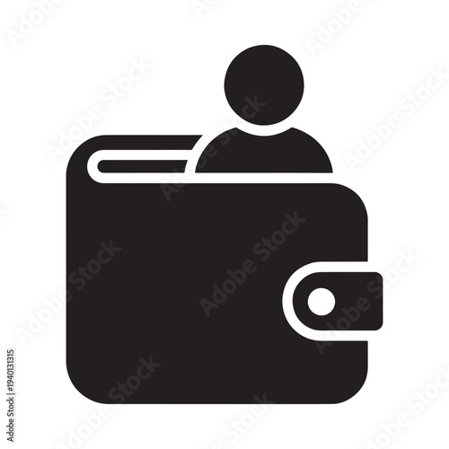 A simple black icon depicting a wallet with a person silhouette inside