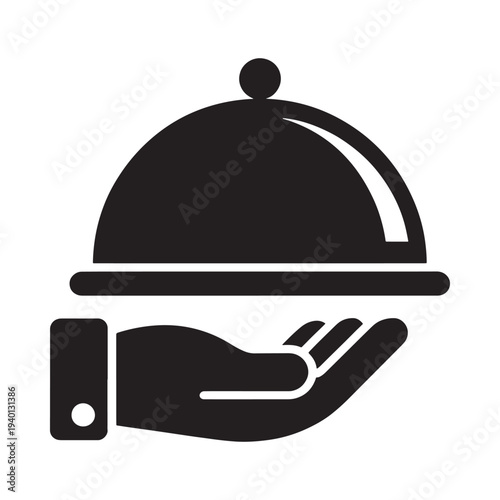 A black and white icon depicting a hand presenting a covered dish