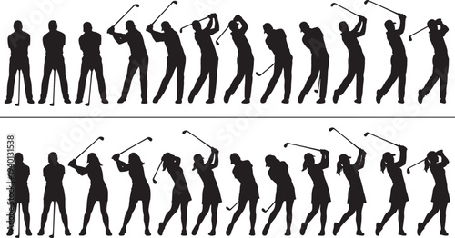 Golf players silhouettes set, men and women golfer swinging club sequence, professional golf sport vector illustration