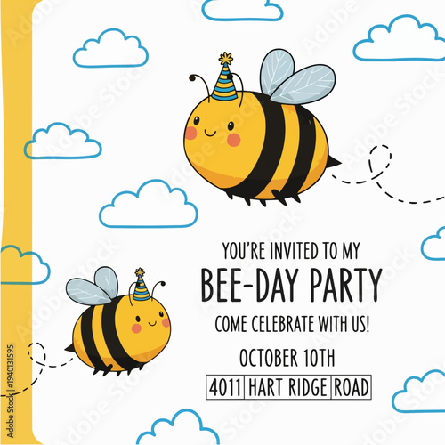 Cute cartoon bees celebrating a bee-day party invitation.
