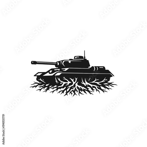 Vector silhouette illustration of a military tank with cannon isolated on white background