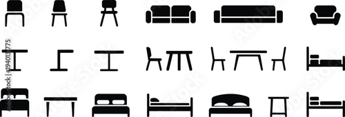 Furniture silhouette icon set, chairs tables sofas beds collection, minimalist black vector symbols for interior design, home decor, apartment and room layout