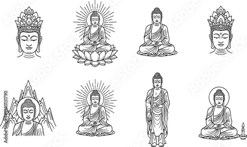 Elegant Collection of Eight Black and White Line Drawing Buddha Illustrations for Spiritual Art Design Projects and Meditation Backgrounds