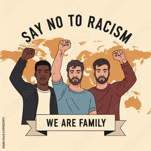 Diverse group of men raising fists against racism.