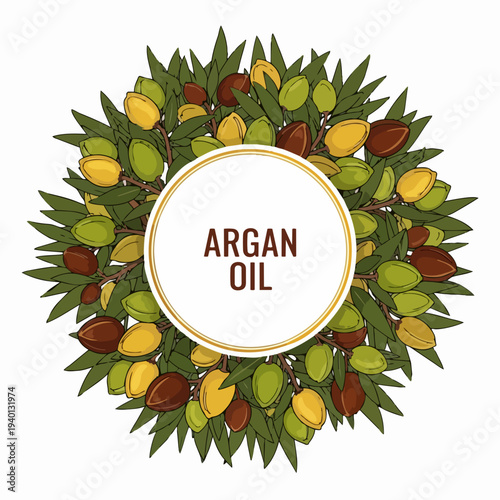 Argan Oil Fruit and Leaves Illustration.
