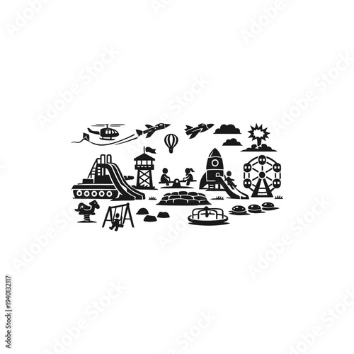 Vector collection of childhood play and adventure elements, including playground equipment, vehicles, and amusement park rides, embodying fun, imagination, and joyous exploration