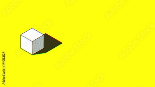 Geometric white cube with halftone patterns on one face positioned in a minimalist yellow space with high contrast lighting and chromatic edges