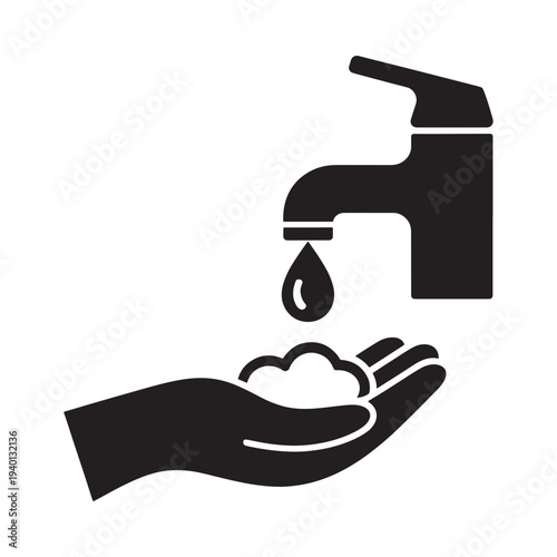 A black silhouette depicts water dropping into cupped hands with soap