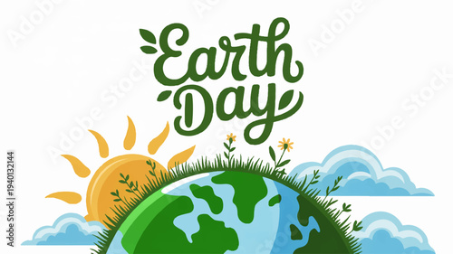 Earth day illustration with green globe sun clouds and grass symbolizing environmental conservation and sustainability